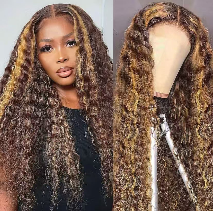 Niki Hair Deep Curly Color #4/#27 Glueless Pre Plucked Lace  Frontal Wigs(ID:10022)